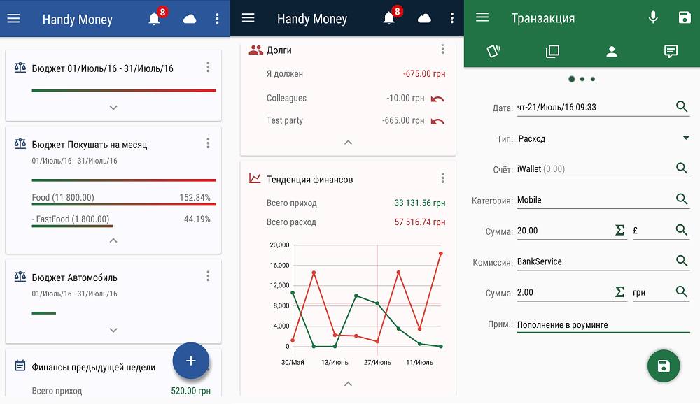 Экран HandyMoney с различными функциями и виджетами