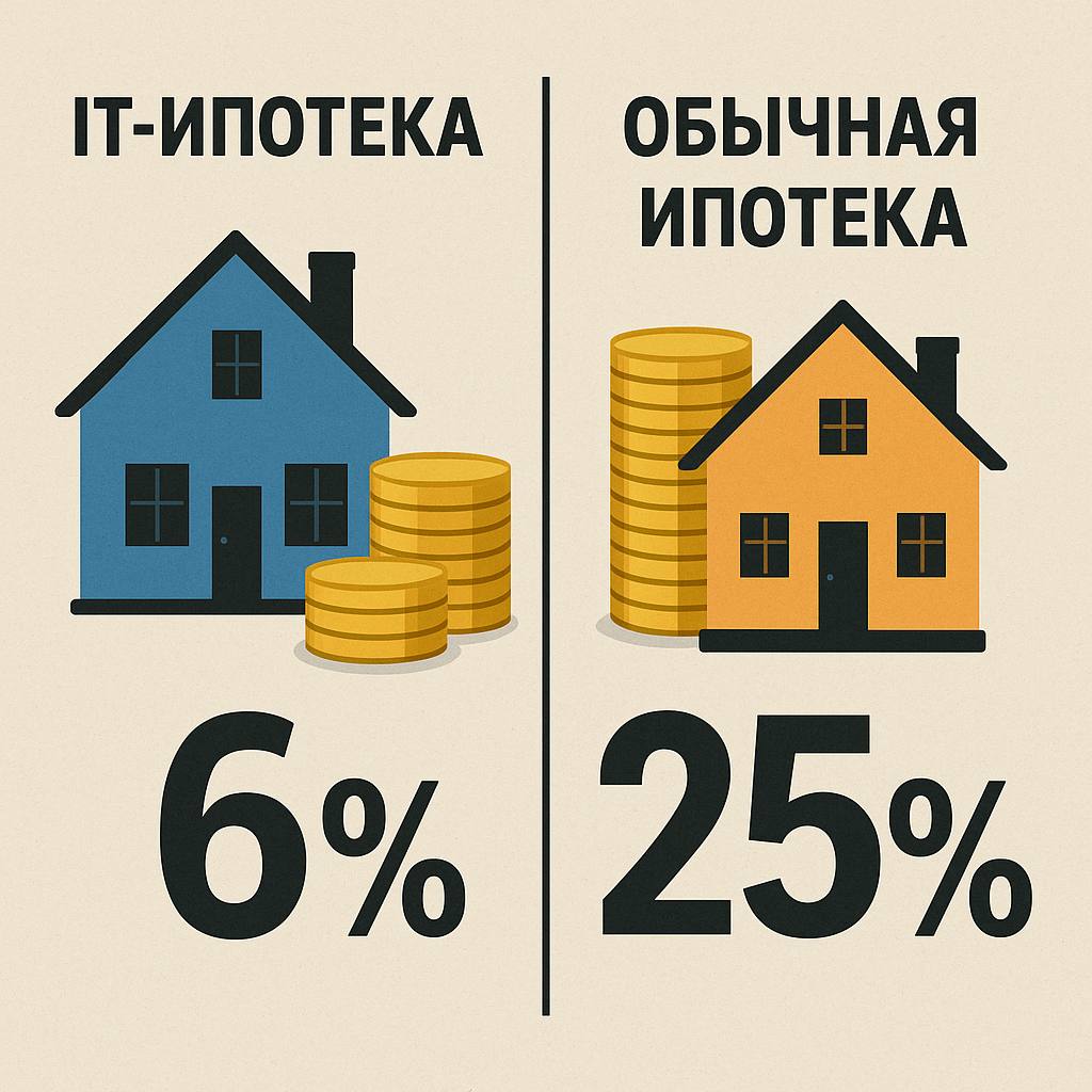 Инфографика со сравнением ставок: IT-ипотека 6% vs обычная ипотека 25%