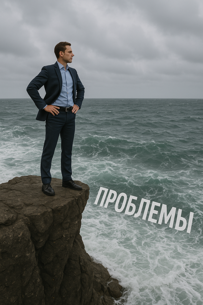 человек уверенно стоит на скале над бурным морем проблем